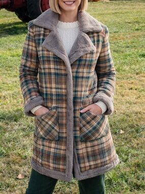Blank NYC Plaid Sherpa Coat Shacket Faux Fur Trim Brown Green Oversized XS S